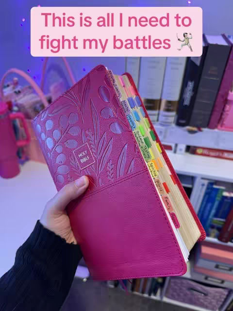 A person's hand holds a pink, floral-embossed Bible, its colorful tabs prominent. A text overlay in a pink bubble states, 'This is all I need to fight my battles.' The background includes other books, indicating a bookshelf or similar setting. The overall image has a warm, devotional aesthetic.