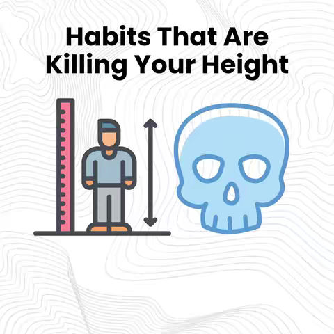 The image has a white background with a faint, wavy pattern. At the top, the text 'Habits That Are Killing Your Height' is in bold black letters. Below, there's a collection of icons: a tall, pink-lined measuring stick next to a stick figure, an arrow pointing upwards between the figure and a skull icon. The skull is light blue.