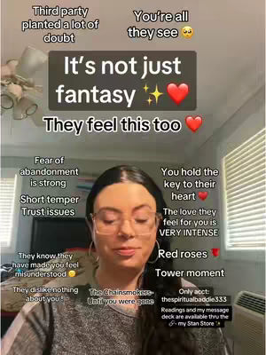 The cover image features a woman with dark hair and glasses in a room setting who appears to be the focal point in a selfie-style shot. Overlayed on the image are various text elements in white font against a dark background, including phrases such as 'It's not just fantasy' and other relationship-related statements. Surrounding the woman are additional text blocks also with white text and various details; the composition is designed to be informative, highlighting the message by using the woman's facial expression to convey further meaning. The background is slightly blurred and gives a glimpse of a fan.