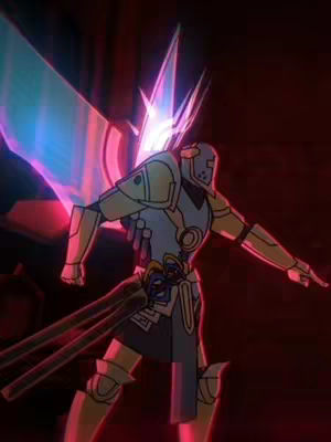 A stylized image from a video game, featuring a knight-like character in golden armor with a glowing, crystalline wing-like structure emanating from their back. The background is a deep red, creating a stark contrast with the lighter armor. The character appears to be in a dynamic pose, pointing with one arm.