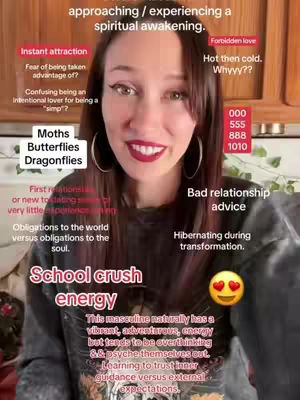 A woman with long brown hair stands facing the camera, smiling. Text bubbles with various phrases and themes in red and white are scattered around as overlays. The background setting is blurred.