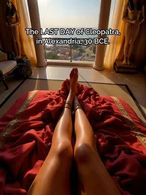A first-person perspective shot from a bed, with emphasis on the legs. Red bedspread and a large window overlooking a city are visible in the background.