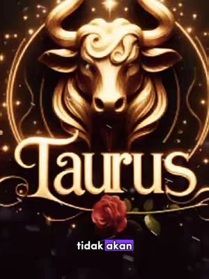 The image features a golden bull head, representing the Taurus zodiac sign, set against a dark, star-filled background. The word "Taurus" is written in a stylized, gold font below the bull. A red rose rests below the text, and the phrase "tidak akan" appears in a purple bar at the bottom.
