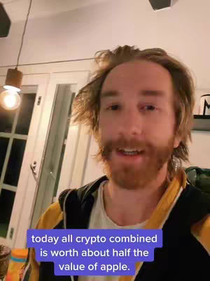 A man with reddish-brown hair and a beard is in the frame, speaking directly to the camera. Behind him is a bright room, with a window on the left and a light fixture hanging above. A text overlay at the bottom of the image indicates that all crypto combined is about half the value of Apple.