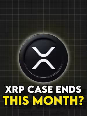 The cover image features a black background overlaid with a grid. In the center is a black circular emblem containing the XRP logo in white. Below the emblem, text in a yellow, outlined font asks, "XRP CASE ENDS THIS MONTH?"