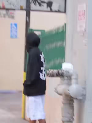 A person is standing in front of a green gate with a white wall on the right. The person is wearing a black hoodie and white shorts. The background is blurry.