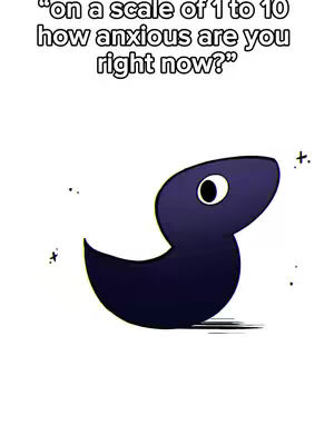 The image features a dark blue, abstract blob figure resembling a bird or duck against a white background, with text overlayed in black. The figure has a single eye and a curved neck, sitting on a ground line. Small black dots and cross-shaped elements are scattered around the edges. The text is in a clean sans-serif font.