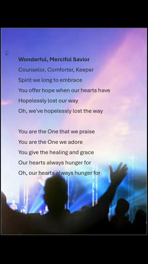 The image features a purple and blue gradient background with overlayed white text in the center. The text lists the lyrics of a hymn. In the background, a blurred image of a concert is visible, silhouetting people with their arms raised, suggesting a worship service.