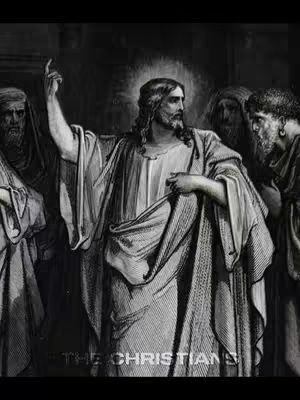 A grayscale image depicting Jesus in the center, raising his right arm. He is surrounded by several individuals, with their faces partially visible, and the background has a subdued glow. Text, 'THE CHRISTIANS', is seen at the bottom of the image.