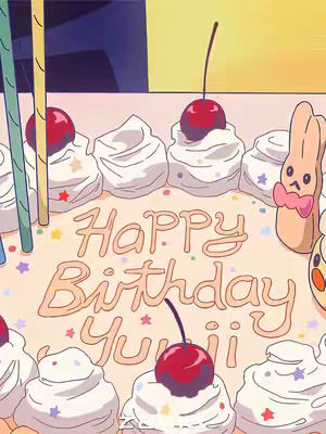 The cover image is a close-up of a birthday cake decorated in a whimsical style. The cake has a light pink frosting with white, dollops around the edge, each topped with a bright red cherry. The words "Happy Birthday Yuji" are written across the cake in a playful, light-brown font. Candles and decorative elements, including small star-shaped sprinkles, add to the festive appearance. The background shows a gradient, suggesting a warm, celebratory atmosphere.