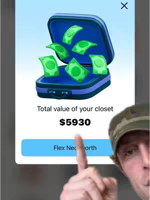 A user interface mockup showing an open suitcase with money flying out, the text, ”Total value of your closet $5930
