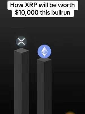 The image presents a dark background with two columns resembling bar graphs. On top of each column is a cryptocurrency logo: XRP on the left and Ethereum on the right. Above, the text "How XRP will be worth $10,000 this bullrun" is displayed in a white, rectangular box.