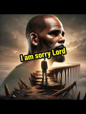An AI-generated image featuring a close-up of a man with a prominent head, seemingly R. Kelly, with the text "I am sorry Lord" overlaid on a yellow banner. In the lower portion, there is a pathway leading to a silhouette of a person, likely representing the concept of seeking forgiveness.
