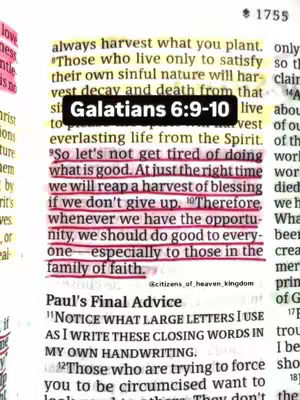The image displays an open book with highlighted text from the Bible. The page is cream-colored and filled with text in black font. Key phrases within the text are highlighted in yellow and red.