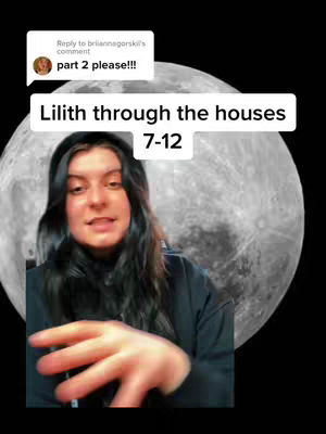 A woman with long black hair is centered in the frame, and behind her is a large, light-colored sphere resembling the moon. Text overlays at the top read "Lilith through the houses" and "7-12". In the top left is a comment bubble containing a comment with profile picture. The woman has her right hand extended forward. The overall composition is a mix of the woman with text on top and a large image in the background, with a black background.