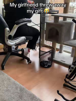 The cover image shows a person sitting at a desk, with a trash can visible in the foreground. The person is wearing black pants, a black top, and white shoes. The woman has a fair complexion and blond hair. Behind the desk there is a cat tree.