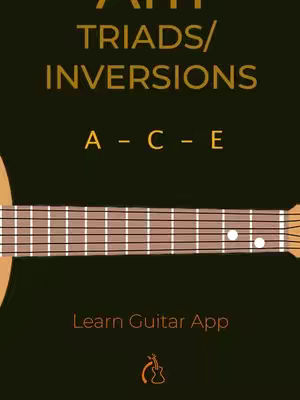 The cover image features a guitar neck laid horizontally across the bottom third, set against a dark green background. The guitar fretboard is brown with white inlays, and the strings are visible. Above the guitar neck, white text reads "VII TRIADS/ INVERSIONS", and below, the letters "A - C - E" are prominently displayed. At the very bottom, the text "Learn Guitar App" appears in a smaller font.