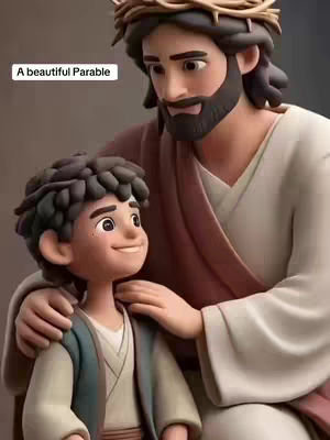 A 3D animated image depicting a light-skinned man with a beard and a crown of thorns, embracing a boy with curly hair, in a gentle, supportive pose. The background is a soft, neutral color, emphasizing the figures. The man is in a light-colored robe, while the boy wears a tunic and jacket. A text overlay in a white rectangular box reads: “A beautiful Parable”.