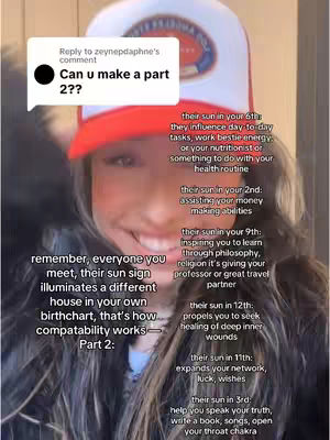 A selfie-style image featuring a woman wearing a white and red baseball cap and smiling at the camera. Text overlays are placed over her head and to the right, providing context on astrology and compatibility. The background is blurred.