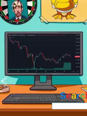 An animated illustration showing a desktop scene. A computer monitor displays a price chart with red and green lines. A keyboard sits in front of the monitor on an orange desk. Behind the monitor on the wall are a dartboard with a man's face in the center, and a cartoon duck poster.