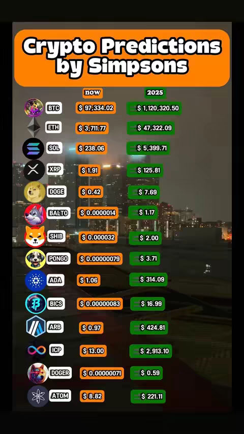 The image is a vertical infographic styled like a table with a dark, possibly night-time cityscape background. The upper portion has a large, stylized orange banner stating "Crypto Predictions by Simpsons" in white, bold font. Below this are rows detailing various cryptocurrencies, with logos/symbols in the first column, then current values in the second column, and predicted values for 2025 in the third. The color scheme uses white text on a dark background with orange and green accents.