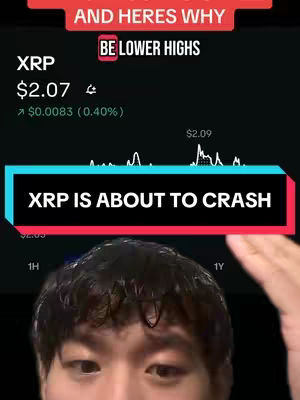 A selfie-style video with a dark background. A person is visible from the chest up, with an overlay showing cryptocurrency data and a text hook. The overlay incorporates text and a chart of trending data. The person is looking towards the camera with a facial expression of focus. The image has a direct, informational layout.