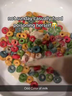 The cover image shows a bowl of colorful cereal with milk that appears discolored, as if the milk has gone bad. Text overlays indicate the cereal is for Sunday and the milk is expired