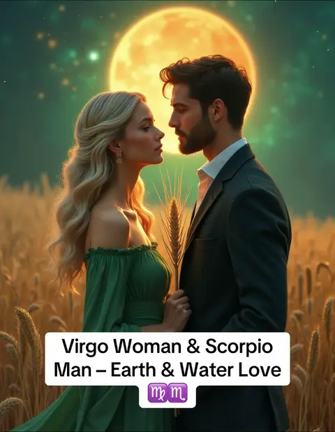 An AI-generated image depicting a couple gazing into each other's eyes, set against a backdrop of a full moon and a wheat field. The woman has long blonde hair and wears a green off-shoulder dress. The man is in a suit, and they are holding a stalk of wheat between them.