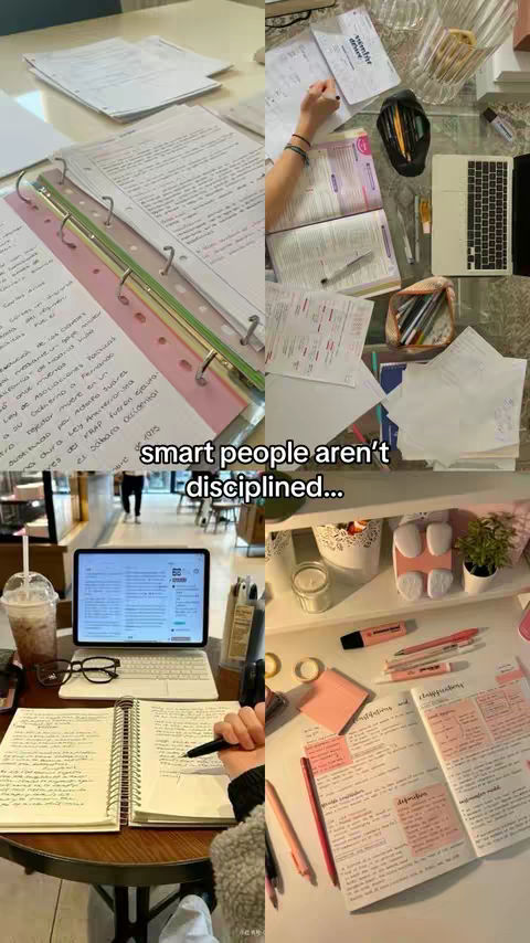 The cover image is a collage comprising four sub-images that showcase various study setups. The main visual elements include open notebooks, handwritten notes, laptops, and study-related tools, alongside the overlay text that reads 'smart people aren't disciplined...'. The color palette is dominated by white, beige, and pink, with a mix of warm and natural lighting suggestive of a study-focused, organized environment.