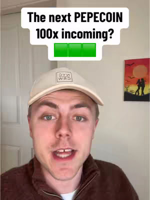 A young man with fair skin wearing a white baseball cap and a brown zip-up jacket is looking at the camera and speaking. Above him, the text overlay displays "The next PEPECOIN 100x incoming?" with a loading bar below it. Behind him is a light-colored wall and a painting.