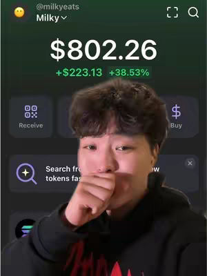 A young man in a hoodie is the main subject, partially covering his mouth with his hand, in a selfie-style shot. The background shows a mobile app interface with financial data, featuring a monetary value of $802.26 and profit information. Above the main figure, the username is visible.