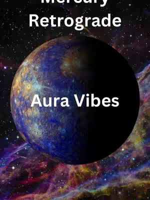 The image displays a celestial scene with a large, dark planet in the center, covered in swirls of blue, gold, and brown. Above the planet, the words 
Mercury
 Retrograde are written in white capital letters. Below, the text 
Aura Vibes
is also in white capital letters. The background is a vibrant mix of purple, red, and pink nebula, with scattered white dots suggesting stars.