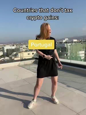 A woman stands on a rooftop with a city skyline in the background. She is wearing a black dress and white sneakers, with a yellow rectangle labeled 'Portugal' partially obscuring her upper body. The text 'Countries that don't tax crypto gains:' is at the top.