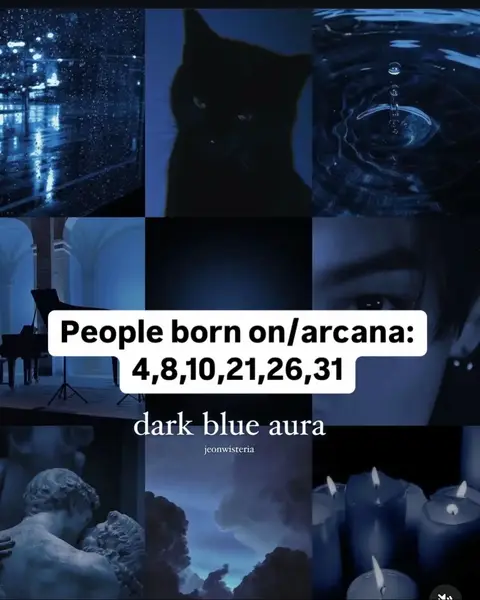 A collage of nine images, each with a dark blue aesthetic. The central image contains the text overlay. The top row includes a rainy city scene, a black cat, and water droplets. The middle row includes a piano, the text overlay, and a close-up of an eye. The bottom row has a sculpture, a dark sky, and candles.