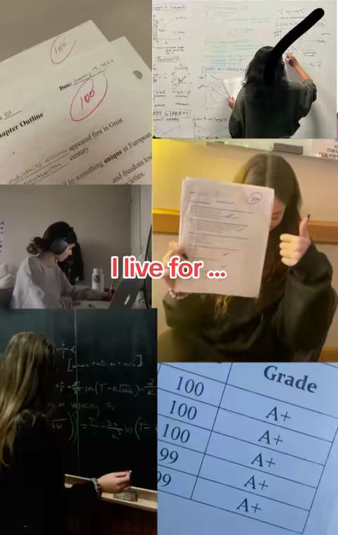 A collage of images related to studying, including a close-up of a paper with a grade of 100, a student writing on a whiteboard, and a student studying with headphones on. The text overlay states "I live for ...". The layout is composed of multiple squares each showcasing different study-related scenarios and elements associated with school success and manifestation.