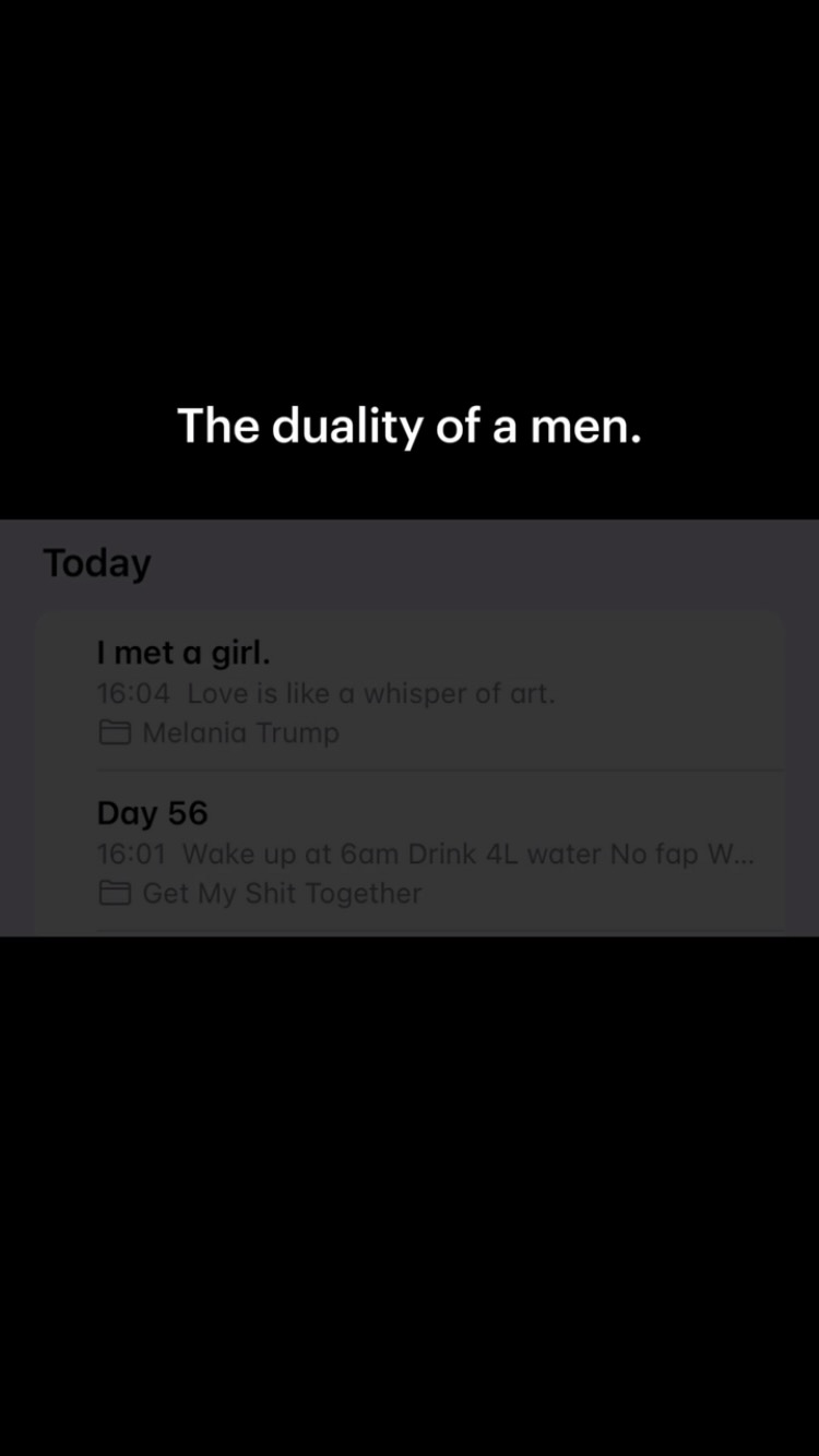 The cover image is a screenshot of a digital notepad. It has a black background with text overlaid. The text reads Today and then has two different points. The first point reads: I met a girl. 16:04 Love is like a whisper of art. Melania Trump. The second point reads: Day 56. 16:01 Wake up at 6 am, Drink 4L water No fap W … Get My Shit Together.