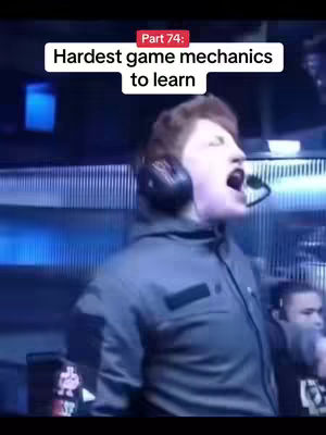 A man with an open mouth wearing a headset, expressing excitement. The top of the image has a text overlay in a white rounded rectangle with red borders that says 'Part 74: Hardest game mechanics to learn'.