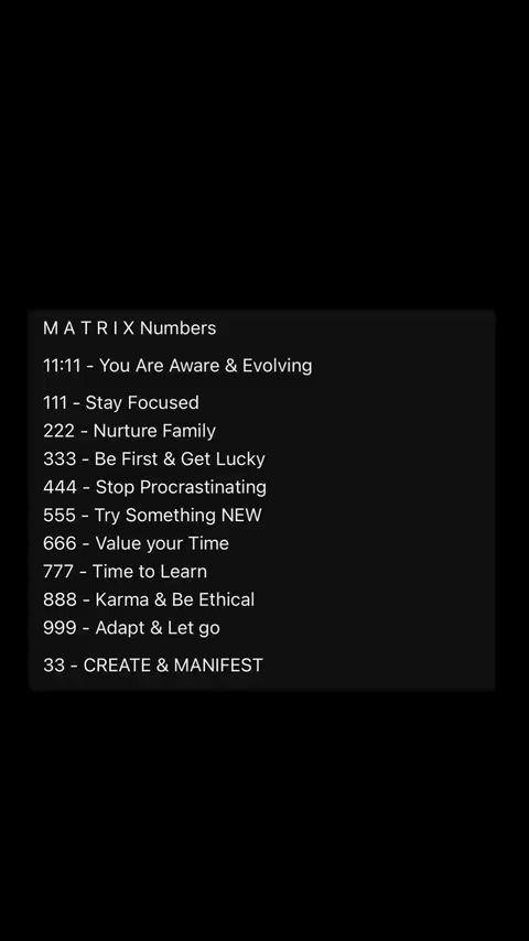 A black background with white text overlayed. The text is organized in a list format with a title, "MATRIX Numbers", followed by a series of numbered entries with associated phrases or keywords. The layout is clean and simple.