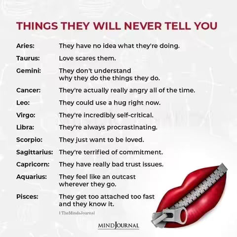 The image is a graphic with a white background and a list of statements about zodiac signs. At the bottom right, there's an illustration of red lips with a zipper across them, implying secrecy.