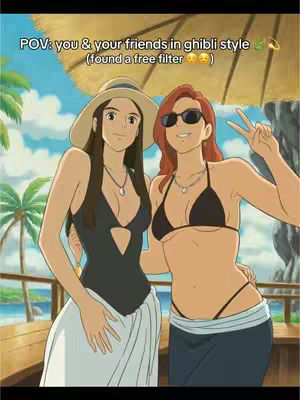 Two anime-style women stand together on a beach, styled after Ghibli films. One wears a swimsuit and sunglasses. The other is wearing a hat.
