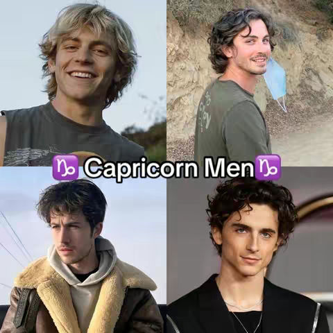 A collage-style image featuring four headshots of men. At the top left is a man with blond hair and a slight smile. Next to him is another man with dark hair and a surgical mask. At the bottom left, there's a man in a jacket, and on the bottom is a man with dark curly hair. The text overlay says 'Capricorn Men ♑️'.