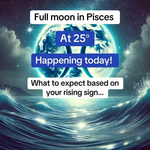 A digitally created image with a cosmic theme. At the center, a glowing blue sphere, perhaps representing a planet or astrological body, is overlaid with the stylized Pisces symbol. Three text boxes in white and blue overlay the image, each with a different message about the full moon. The bottom portion depicts a watery scene, with stylized waves.