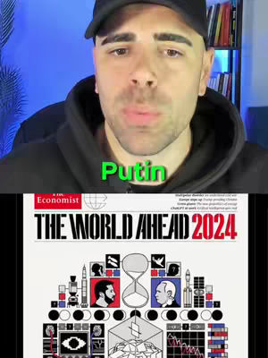 The cover image is a screen recording. The top half of the frame features a close-up of a man with short brown hair. He’s wearing a black hoodie and cap. Below him is a magazine cover from The Economist. The magazine title, "THE WORLD AHEAD 2024", is displayed prominently with illustrations and graphics. The text overlay reads "Putin".