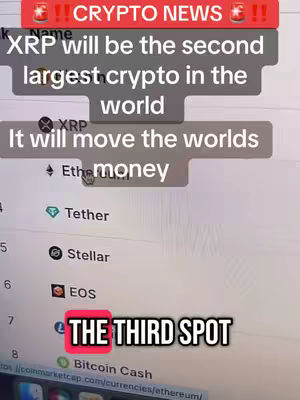 A screenshot of a computer screen showcasing a cryptocurrency ranking, with the logo of XRP highlighted in the middle. Overlaid text is used to convey information relevant to the crypto.