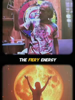 The cover image is split into two horizontal sections. The top section features a man with graying hair and a colorful t-shirt, gesturing with his hand against a background that includes wooden paneling and a circular design. The bottom section shows a silhouette of a person with arms raised in front of a large, orange-hued celestial body, likely representing the sun or moon.