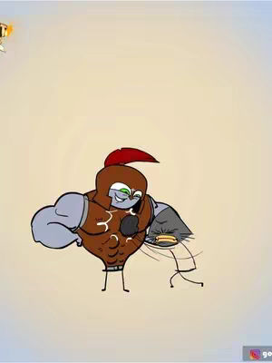 The image features a cartoon-style illustration. A muscular, anthropomorphic figure with a brown suit of armor and a red plume on its helmet is engaged in what appears to be a humorous conflict with a smaller stick figure. The background is a light beige.