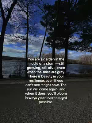 A serene landscape with a body of water, trees, and a cloudy sky. Text is overlaid.