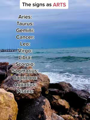 The cover image displays a serene coastal scene. The foreground features a cluster of dark, textured rocks, occupying the bottom left and right corners. The middle ground presents a body of water with gentle waves, and in the distance, a pier extends into the ocean. Above, the sky transitions from a cloudy blue to a clear, lighter hue. Text in a white box at the image's top, "The signs as ARTS", indicates the video's subject.