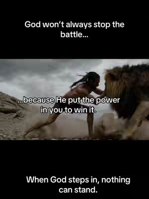 A powerful image from a movie shows a man with long hair, sprinting towards a lion, seemingly engaging in a struggle with the animal. Text overlays provide inspirational messaging.