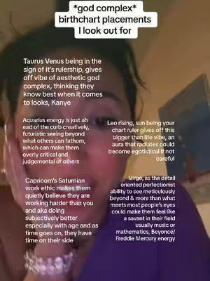 A close-up selfie showing a person with dark hair and fair skin. Text overlays describe the zodiac signs and their characteristics. The layout is simple with a focus on the person's face. The color scheme is natural, with a mix of light and shadow.